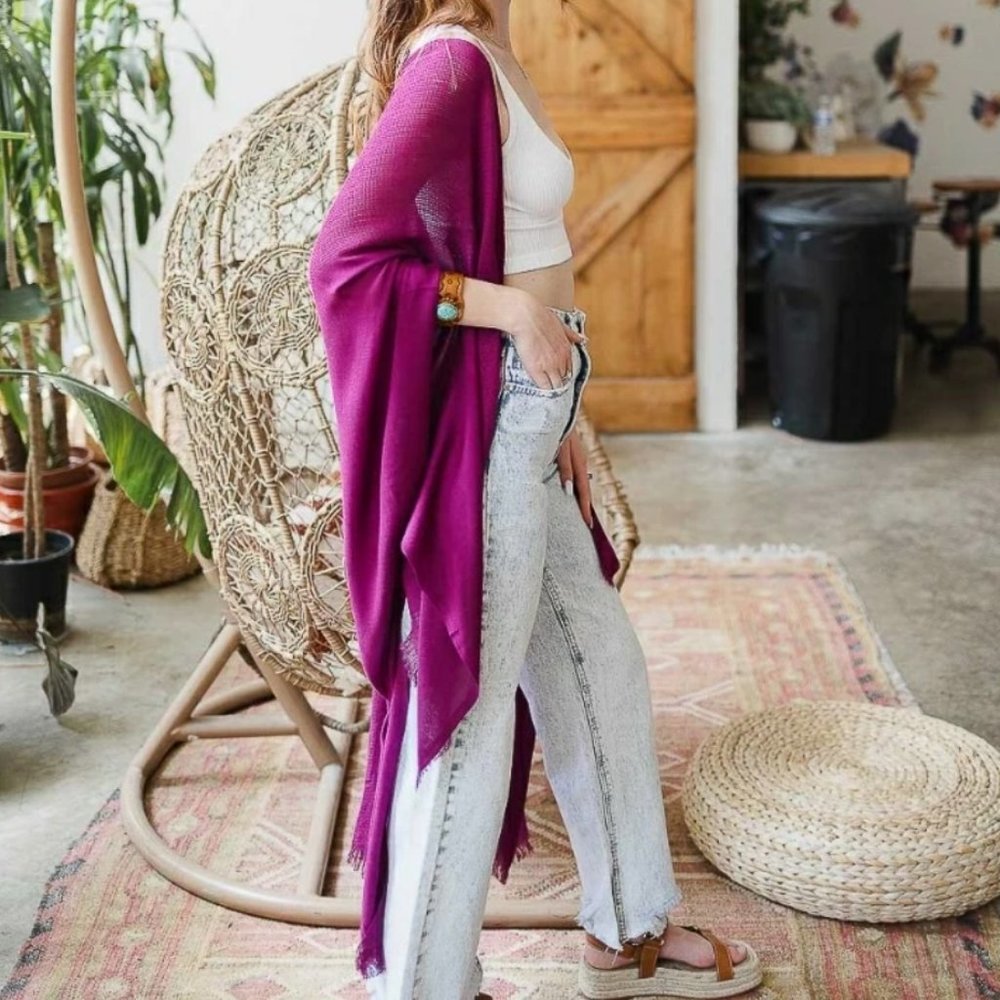 Magenta Frayed Kimono Open Grid Fabric One Size Fits Most Casual